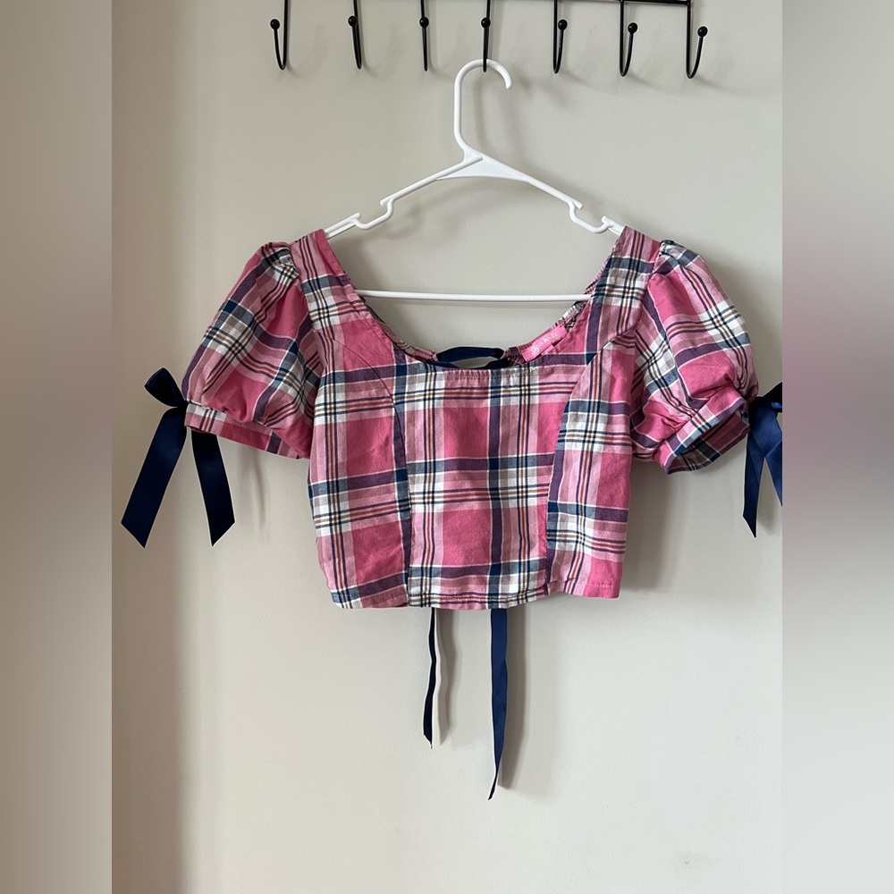 Sugar Thrillz French Exchange Plaid Crop Top Pink Blue Bow Check Dolls Kill
